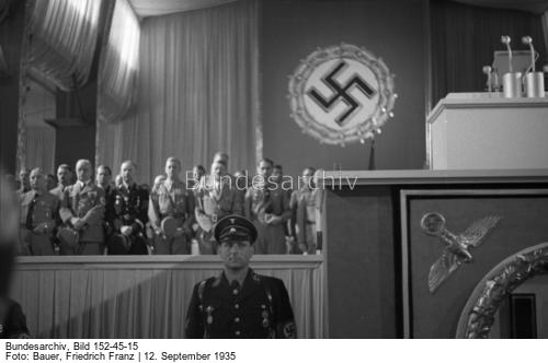 Adolf Hitler and NSDAP members in the Luitpold Hall in Nuremberg for the opening of the 1935 Parteitag